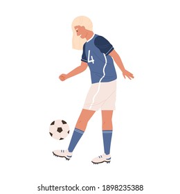 Young female soccer player exercising and kicking ball up. Woman in blue sports uniform, boots and football stockings. Colorful flat vector illustration isolated on white background