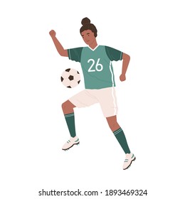 Young female soccer player kicking ball. African American woman playing football in green sports uniform, boots and stockings. Colorful flat vector illustration isolated on white background