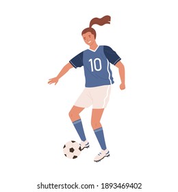 Young female soccer player kicking ball forward. Woman playing football in blue sports uniform, boots with studded sole and stockings. Colorful flat vector illustration isolated on white background