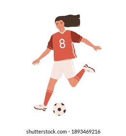 Young female soccer player running and kicking ball forward. Woman playing European football in red sports outfit, boots and stockings. Colored flat vector illustration isolated on white background