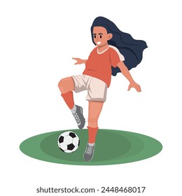 Young female soccer player running and kicking ball forward. Woman playing European football in red sports outfit, boots and stockings. Colored flat vector illustration isolated on white background.