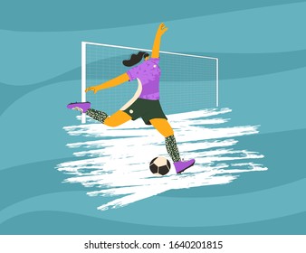 Young female soccer player wearing in uniform. Woman football athlette dressed in sportwear and boots with sport ball  kicking ball. Vector flat character.