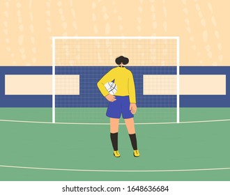 Young female soccer player wearing in uniform. Woman football athlette dressed in sportwear and boots with sport ball. Vector flat character.