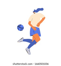 Young female soccer player wearing in uniform. Woman football athlette dressed in sportwear and boots with sport ball. Vector flat character.