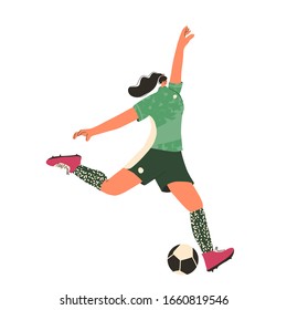 Young female soccer player wearing in uniform. Woman football athlette dressed in sportwear and boots with sport ball isolated on white background. Vector flat character.
