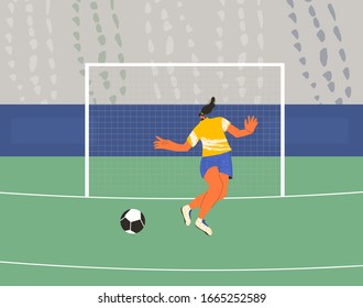 Young female soccer player wearing in uniform. Woman football athlette dressed in sportwear and boots with sport ball. Vector flat character.