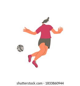 Young female soccer player wearing in uniform. Woman football athlette dressed in sportwear and boots with sport ball isolated on white background. Vector flat character.