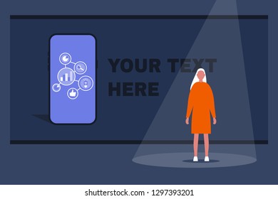 Young female speaker presenting a new product on the stage. Presentation template. Your text here. Flat editable vector illustration, clip art