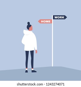 Young female specialist making a choice between the career and family. Navigating signpost showing the opposite directions. Decision making. Flat editable vector illustration, clip art