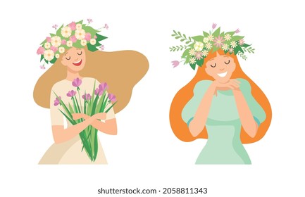 Young Female with Splendid Hair Having Floral Wreath on Her Head Vector Set