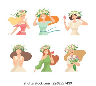 Young Female with Splendid Hair Having Floral Wreath on Her Head Vector Set