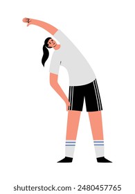 Young female in sports clothing, performing side back physiotherapeutic stretching exercise for recovery, warm up exercise. Isolated vector illustration in flat design