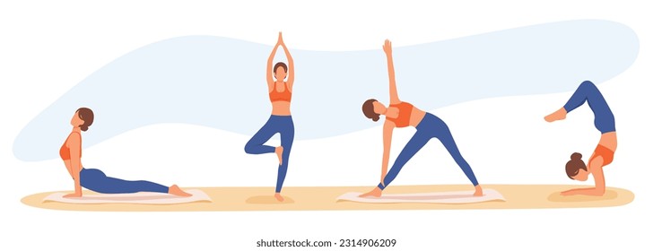 Young female in sportswear doing exercises. Warming up, stretching, balancing. Physical activity and healthy lifestyle. Daily fitness for slim and beautiful figure. Basic yoga course