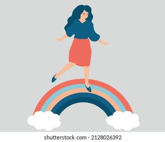 Young female spreads positive vibe while walking on the rainbow with balance. Happy Woman smiles and enjoys her freedom. Positive body, mental health, psychological care, well being lifestyle concept.