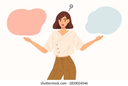Young female standing confusedly to choose two choice. Concept of choice, selection, answer, reply, accept of refuse. Use with advertisement or business. flat style vector illustration character