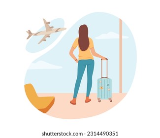 Young female standing with luggage in airport and waiting for plane, looking at window. Tour abroad, tourist travel on vacation concept. Vector cartoon illustration in blue and yellow colors