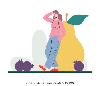 Young female standing near big pear and ready to eat. Healthy lifestyle concept. Choose fruits with vitamins. Natural products for eat concept. Flat vector illustration