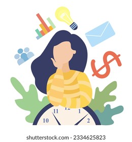 Young female standing near clock and thinking about work. Multitasking skills for effective time management. Wise timing concept. Flat vector illustration in cartoon style