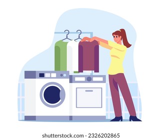 Young female standing near washing machine and holding clothes. Usage of home appliances such as washing machines. Concept of duties, chores and housekeeping. Vector flat illustration in blue colors