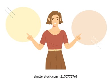 Young female standing and pointing at two blank different color circle. Template for presentation, comparison, announcement, advertising, business. Flat vector illustration character.