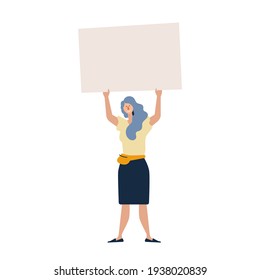 Young female standing and raising both hand holding placard above her head. Happy smiling girl with blank space board. Advertising ,announcement, protesting, demonstration. Flat vector illustration.