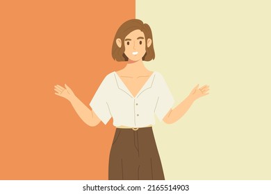 Young female standing and raising her hands to two side with different color. Concept of choosing, choice, selection, comparison. Template for presentation. Flat vector illustration character.