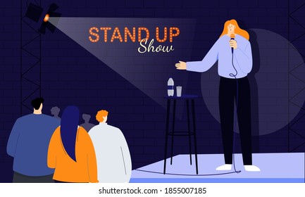 Young Female Stand-up Comedian Greets Her Audience At The Beginning Of The Show, Speaking Directly To People Through A Microphone. Monologuing Of Humorous Stories, Jokes And One-liners.