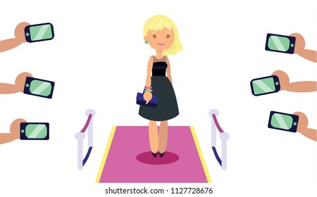 Young female star on red carpet with paparazzi's hands taking photoes with phones. Flat style. 
