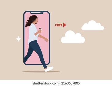 Young female stepping out of the mobile phone screen. Modern lifestyle. Digital detox. Millennial user. Flat vector illustration.