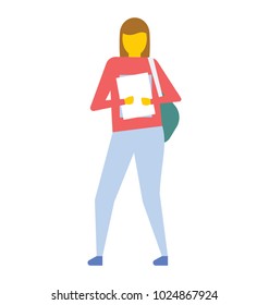 Young female student with backpack going to school or college and holding books, flat vector icon 