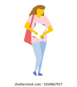 Young female student with backpack going to school or college and holding books, flat vector icon 