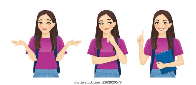 Estudiante joven en diferentes poses con mochila y libro frustrado, pensando y haciendo idea apuntando aislada en ilustración vectorial de fondo blanco