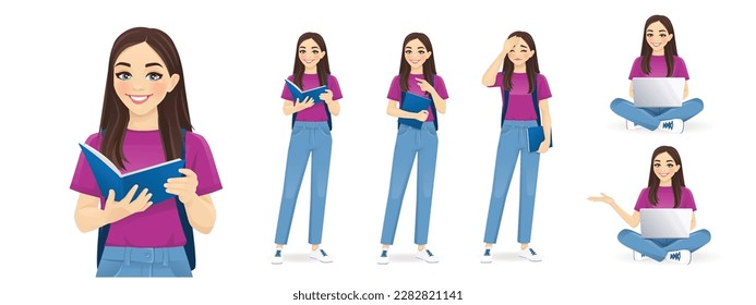 Young female student in different poses with backpack standing holding book and sitting with laptop isolated vector illustration