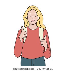 Young female student showing thumbs up or like sign. Study, education and academic concept. Hand drawn vector illustration