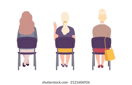 Young Female Student Sitting on Chair in Class Back View Vector Set