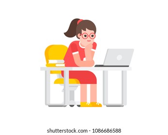 Young female student sitting at a table with a laptop and dreaming about something - about a career or shopping on a white background. Vector illustration