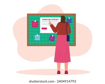 A young female student in a skirt and sling bag standing at the university bulletin board. Character design. Vector flat illustration