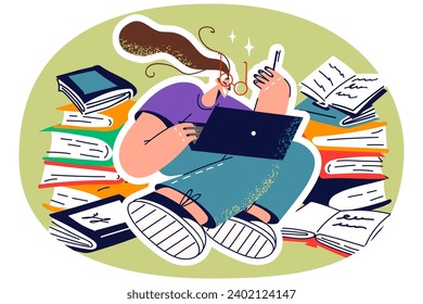 Young female student study online on laptop with piles of books near. Smiling girl busy on computer with remote education surrounded by textbooks. Vector illustration.