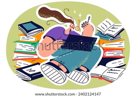 Young female student study online on laptop with piles of books near. Smiling girl busy on computer with remote education surrounded by textbooks. Vector illustration.
