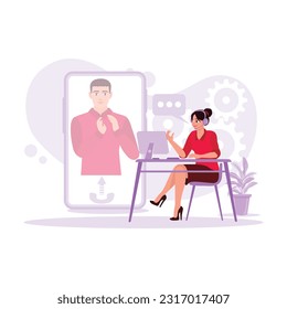 The young female student in a study room was doing an online course with a private tutor, listening intently through headphones. Trend Modern vector flat illustration.
