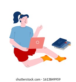 Young Female Student Study in School Library or at Home Using Laptop and Learning Online. Girl Sitting on Floor with Books Scattered around Watching Video or Reading Cartoon Flat Vector Illustration