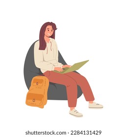 Young female student using laptop computer for education or freelance work vector illustration