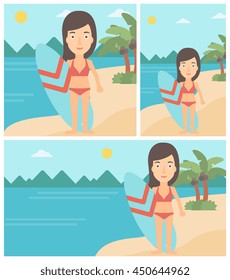 Young female surfer standing with a surfboard on the beach. Female professional surfer with a surf board at the beach. Vector flat design illustration. Square, horizontal, vertical layouts.