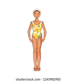 Young female swimmer, cartoon vector illustration isolated on white background. African girl in swimsuit with flowers and bathing cap. Vector illustration, design element.