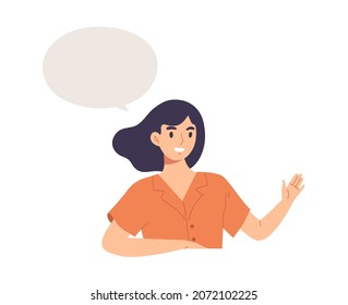 Young female in talking gesture with blank speech bubble for message. Character template for advertising, announcement, promotion, information, banner, communication. Flat vector illustration. 