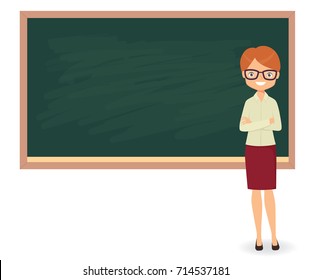 Young female teacher against a blackboard background. Cartoon vector illustration on a white background