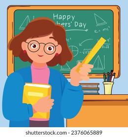 Young female teacher in casual clothes at the blackboard showing something using a ruler, isolated vector illustration