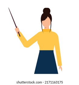 Young female teacher in casual wear at blackboard with copy space showing something with a pointer, isolated vector illustration