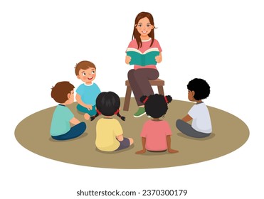 Young female teacher explaining lesson telling story to students sitting on the floor