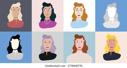 Young female teacher face with curly hair. Colored pack of various sets and silhouette. Avatar. Vector Flat Illustration